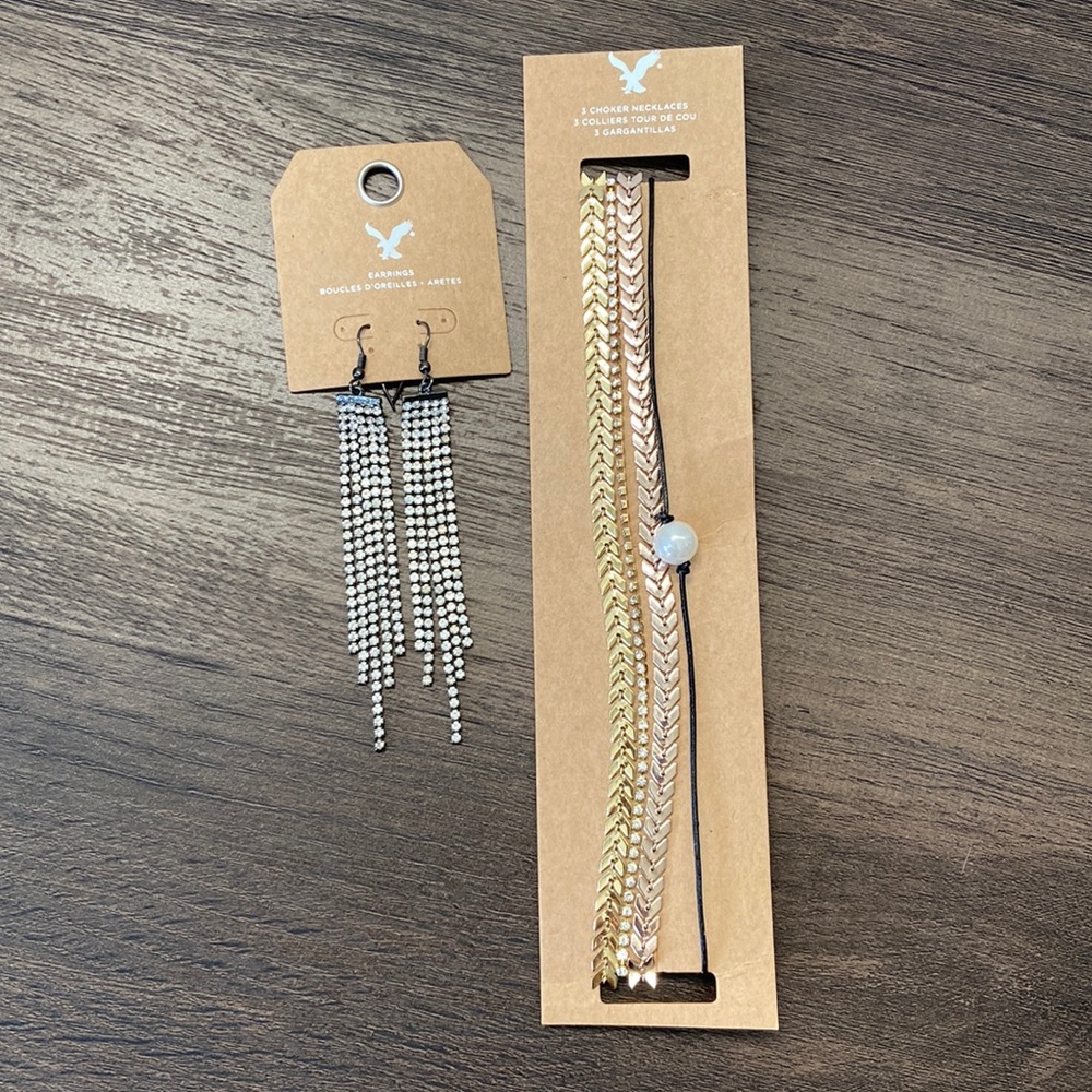 Lot of American Eagle Jewelry Necklace 3 Chokers Chandelier Rhinestone Earrings